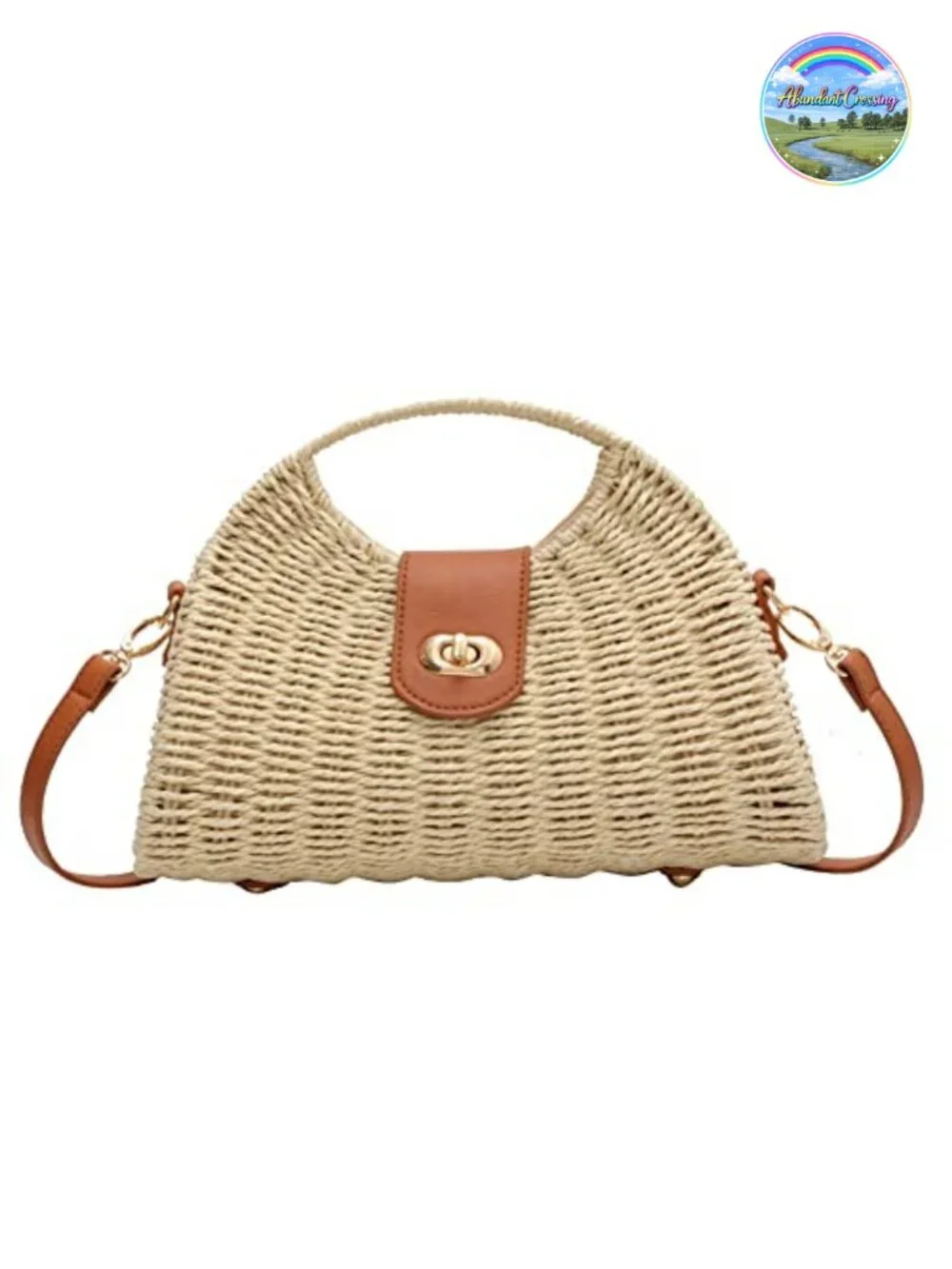 Straw Handwoven Crossbody Tote with Faux Leather Trim